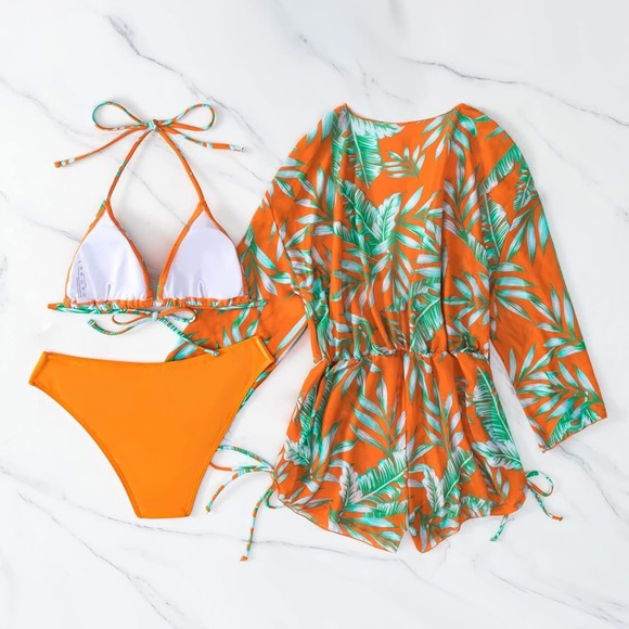 SHENHE Women's 3 Piece Swimsuit Leaf Print Halter Drawstring Side Bikini Set wi - Picture 2 of 7